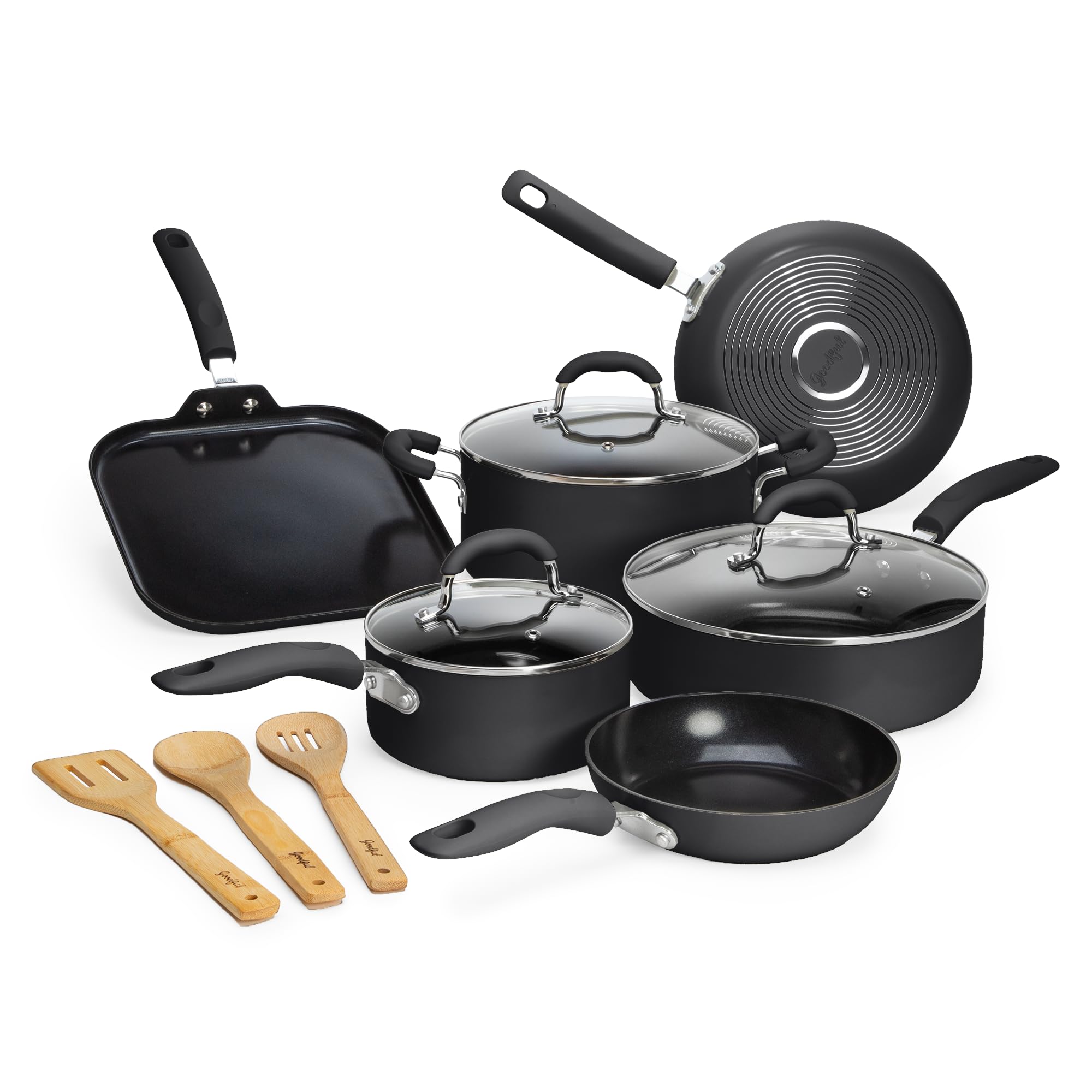 Goodful front packaging showing full 12-piece charcoal gray set and included lids