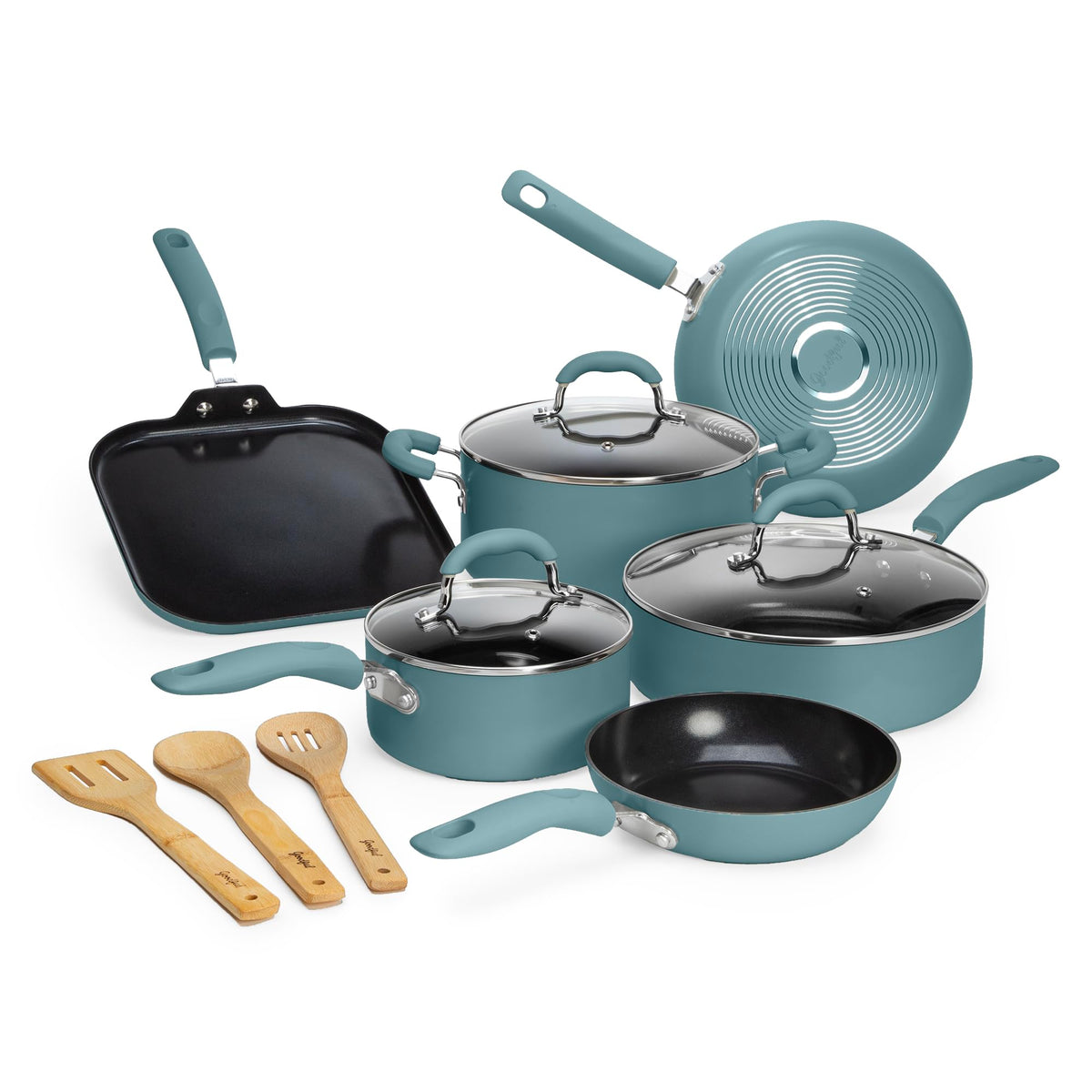 Goodful front view of turquoise 12-piece cookware set showing complete collection and color