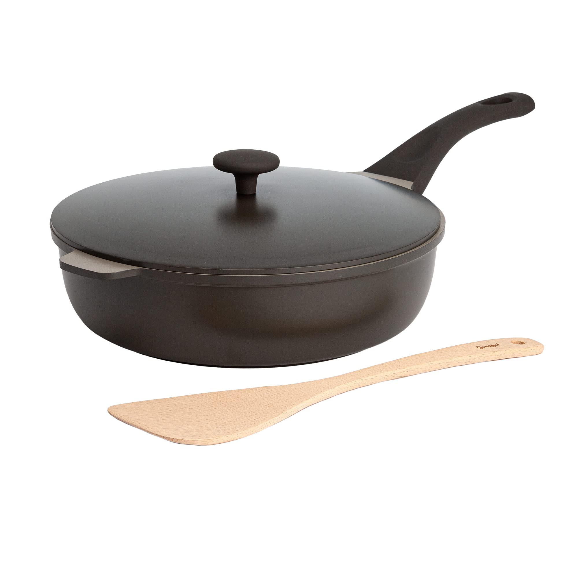 Goodful front view of graphite all‑in‑one pan showing sleek finish and space saving