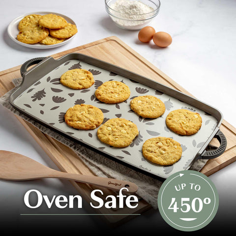 Goodful griddle inside oven ready to finish a sheet-pan meal for versatile stovetop-to-oven use