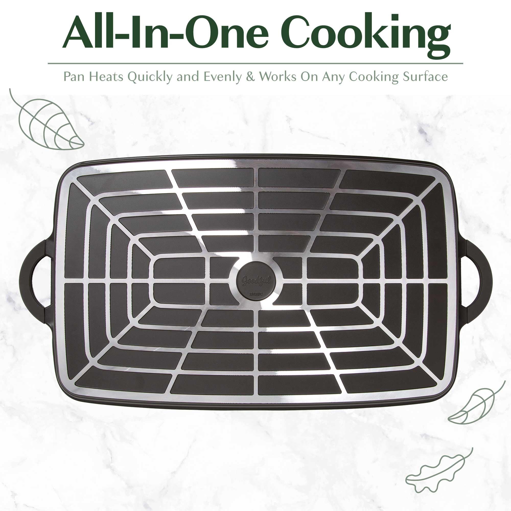 Goodful griddle next to spatula to show 18x11 size and easy handling benefits