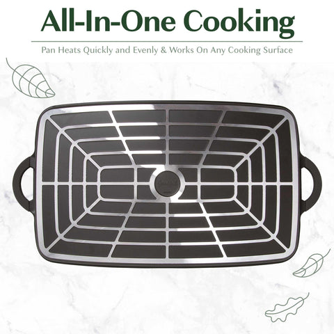 Goodful griddle next to spatula to show 18x11 size and easy handling benefits