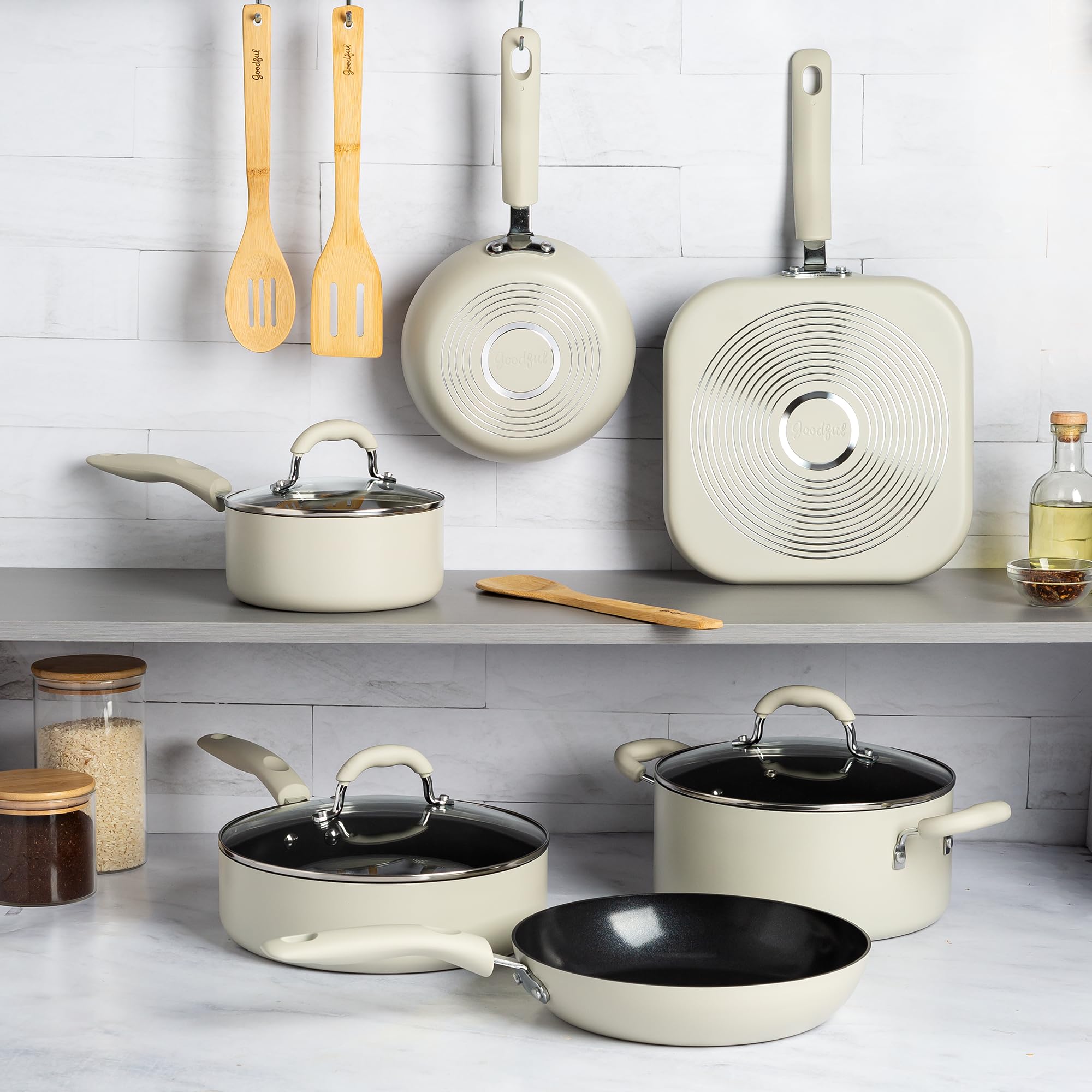 Goodful cookware set beside utensils showing included bamboo tools and scale