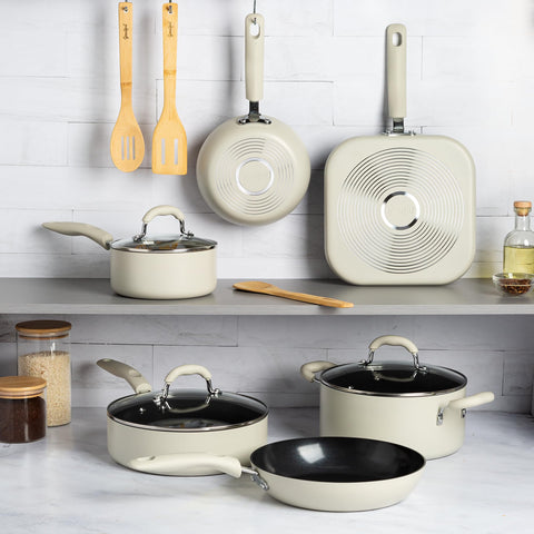 Goodful cookware set beside utensils showing included bamboo tools and scale