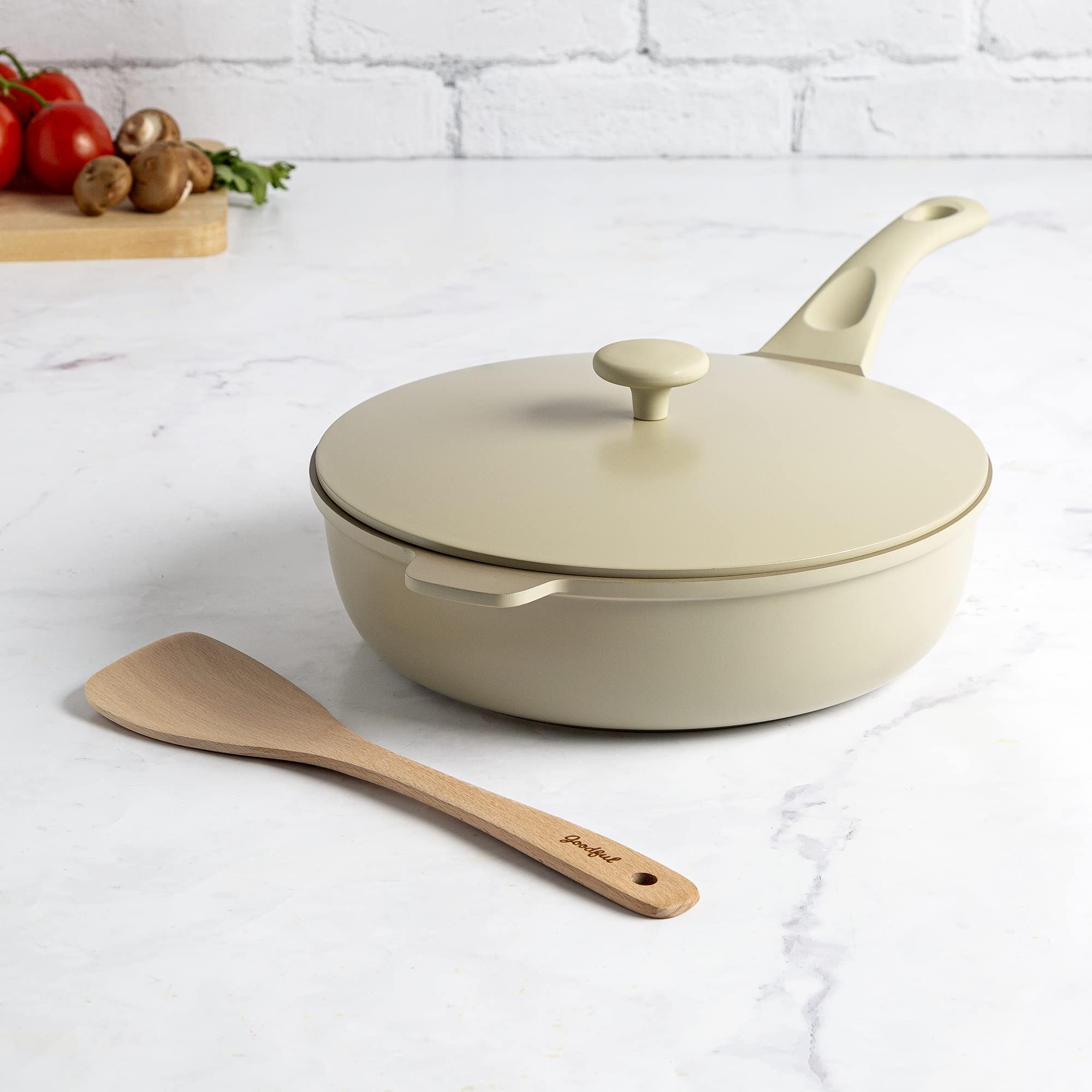 Goodful pan in a kitchen lifestyle setting showing streamlined cookware organization
