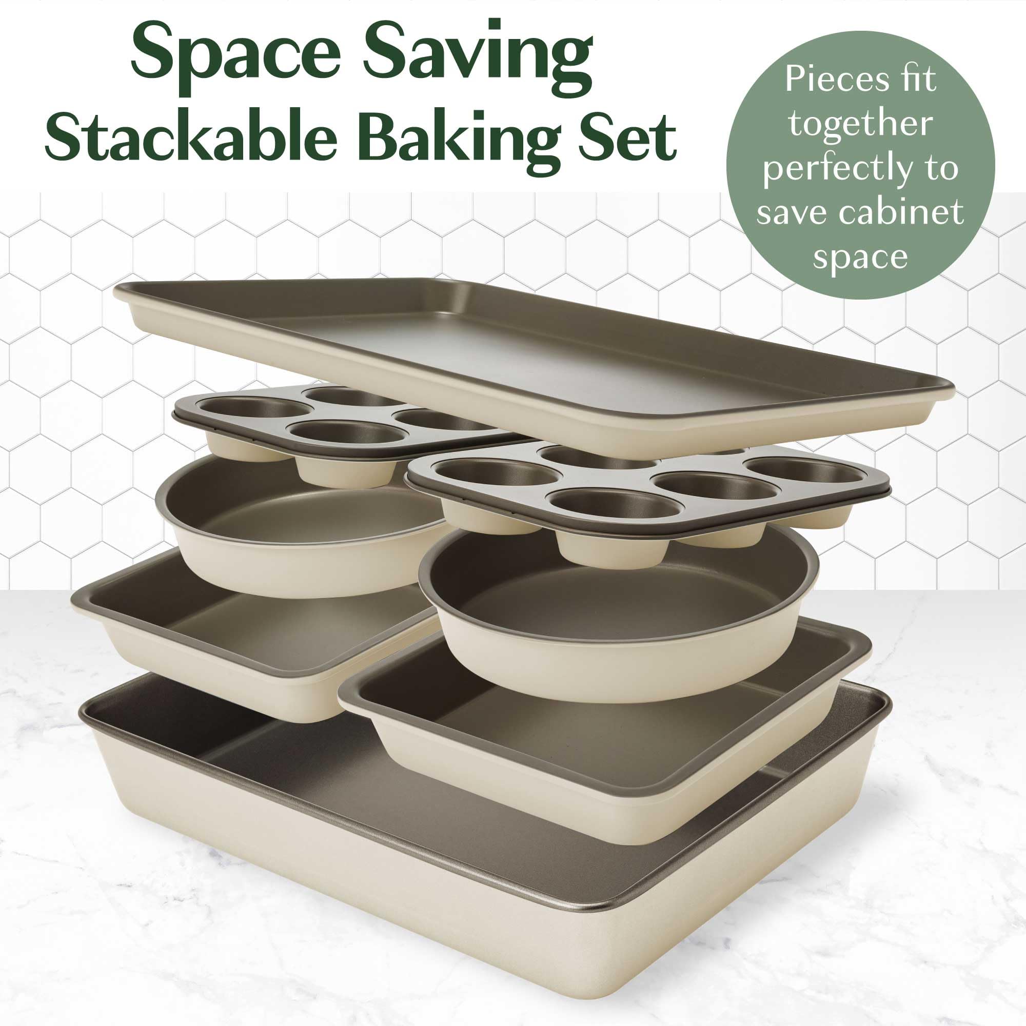 Goodful pans nested together demonstrating space saving and organized cabinets