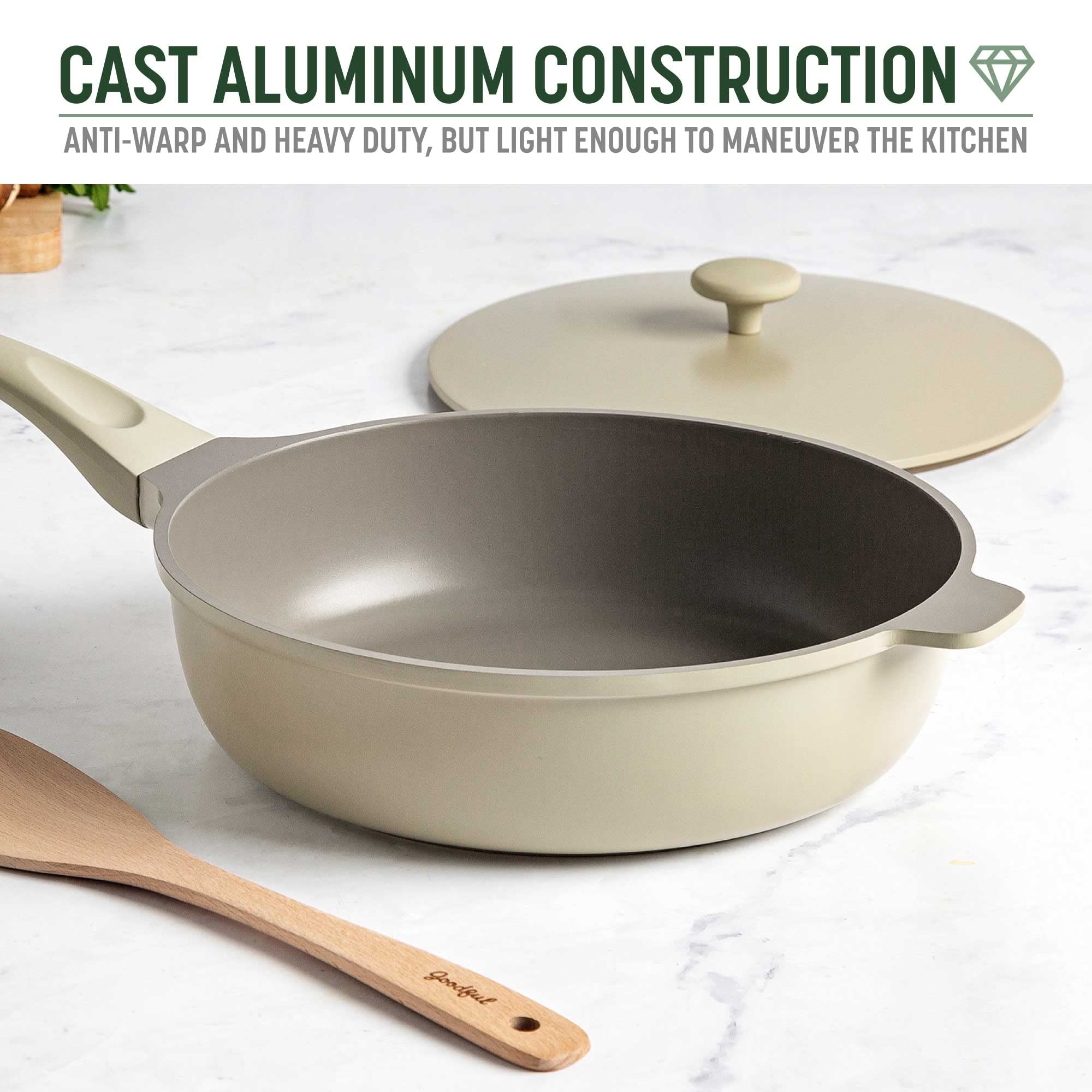 Goodful pan on gas stovetop demonstrating compatibility and even cooking