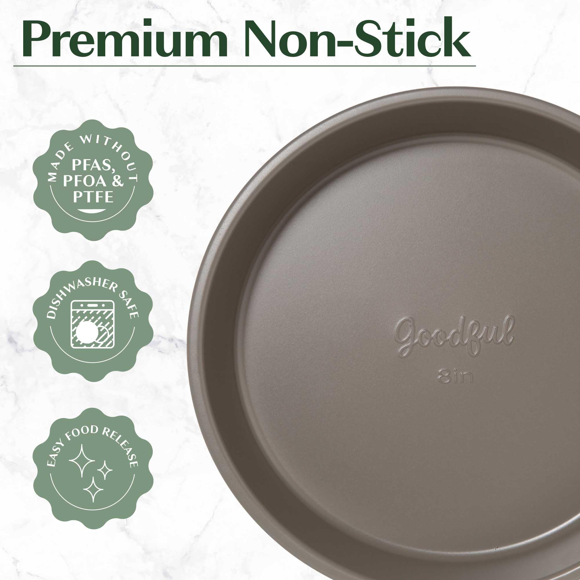 Goodful round pans close up showing smooth nonstick surface for easy release