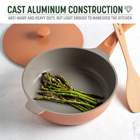 Goodful pan next to measuring spoon showing 4.4-quart capacity scale