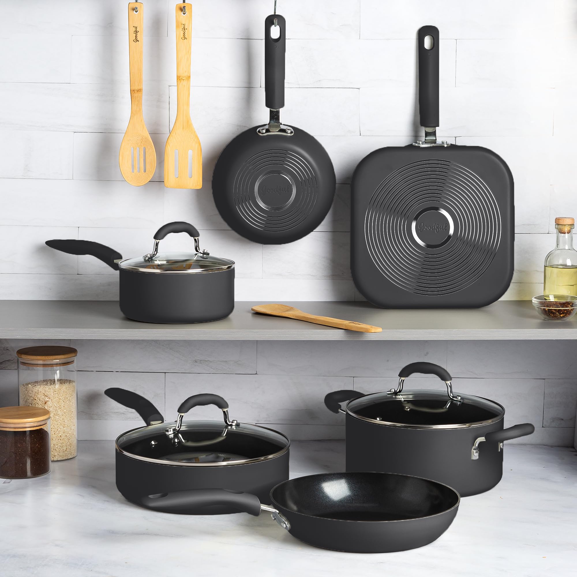Goodful cookware next to common utensils showing scale and home-kitchen suitability