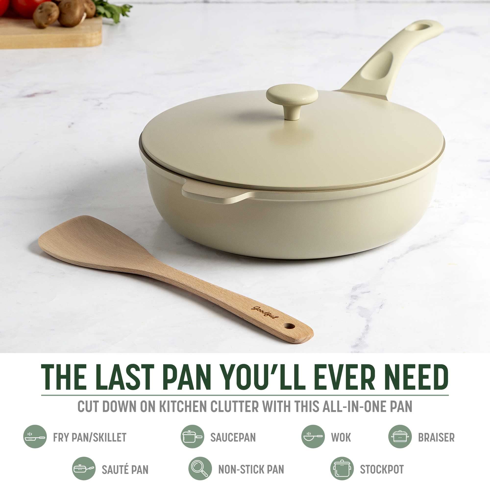 Goodful pan with fitted lid illustrating tight seal and even heat retention