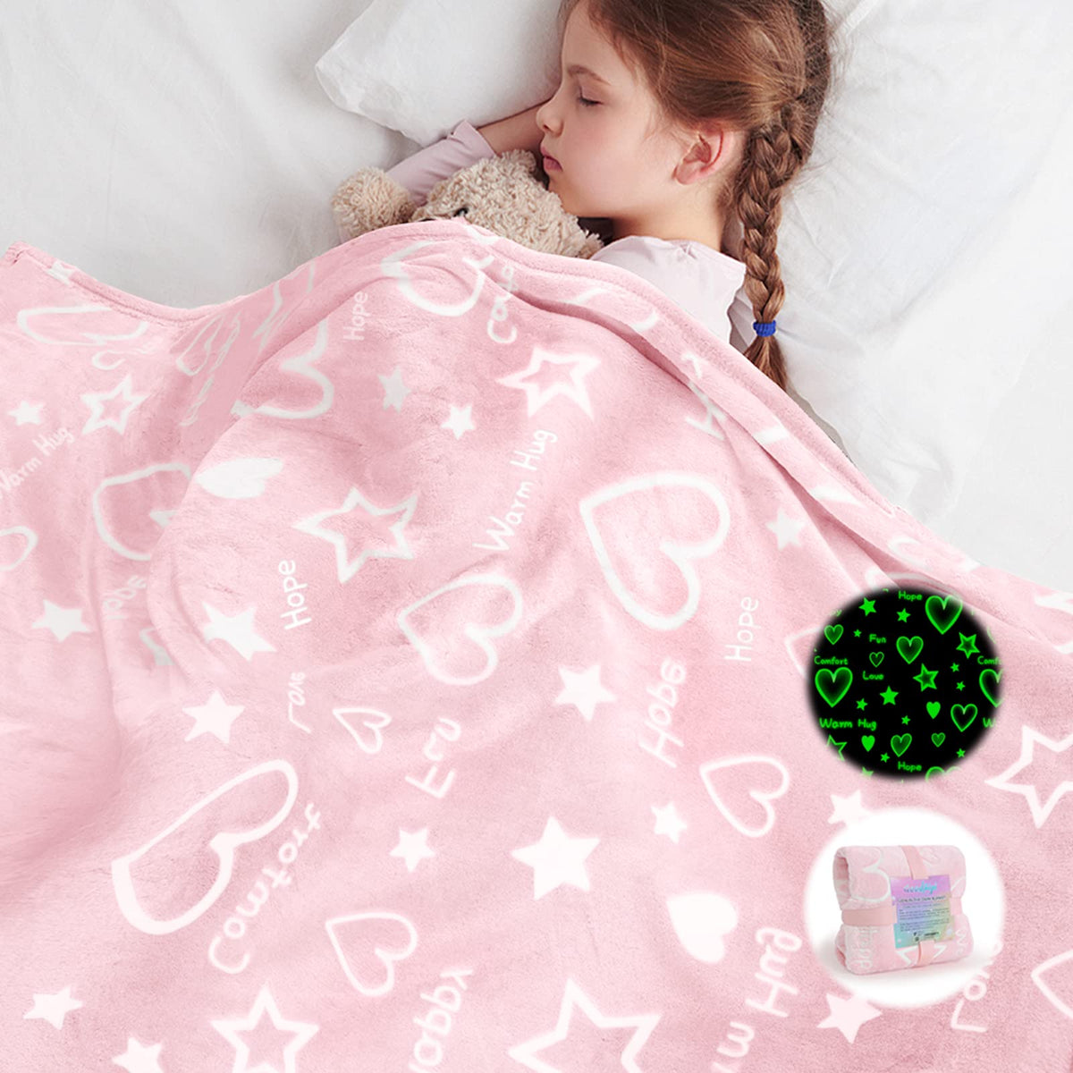 Goodhipi front view of blanket packaging showing heart and stars pattern and benefit of playful glow