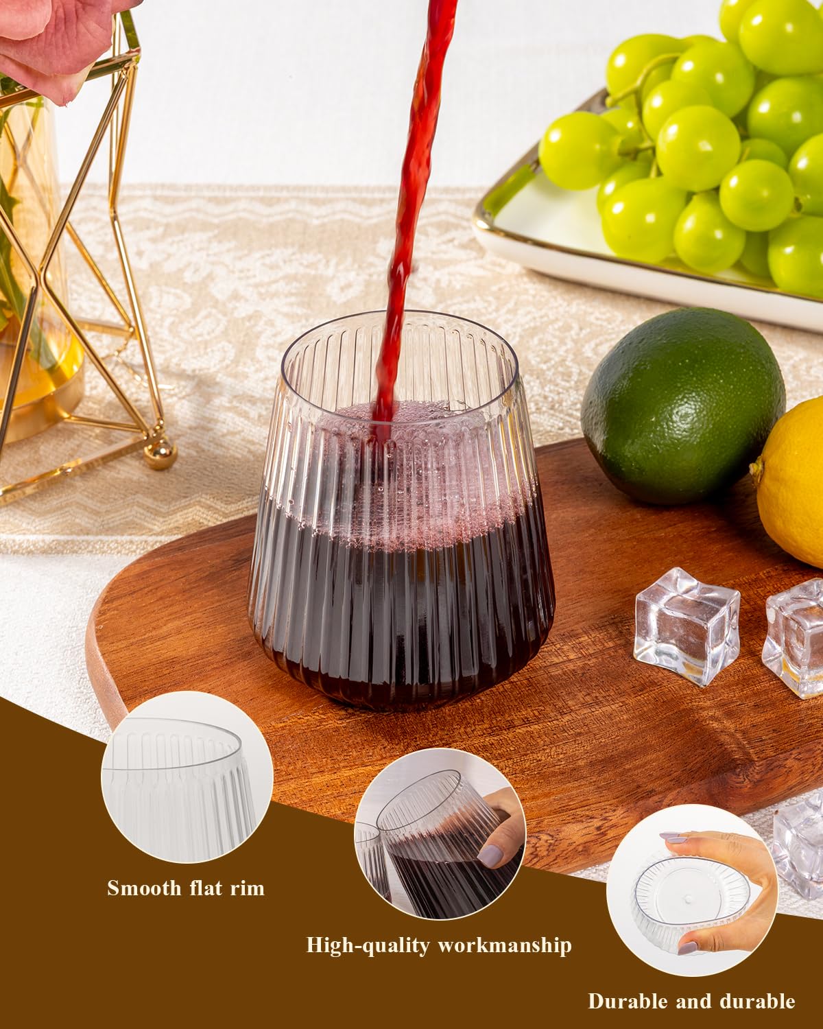 Goodluck stemless glass in hand showing size and comfortable hold for guests