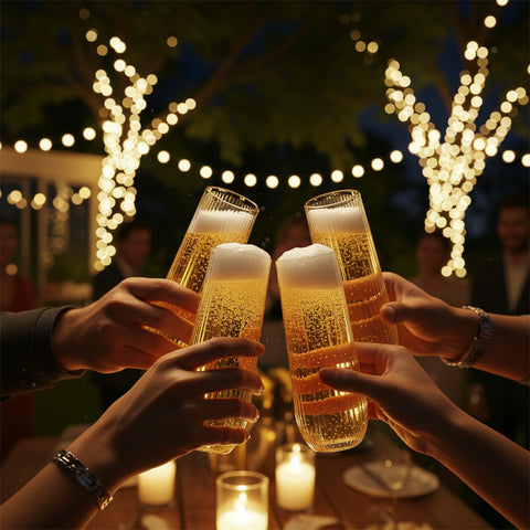 Goodluck flutes on a styled table, elevates event aesthetics