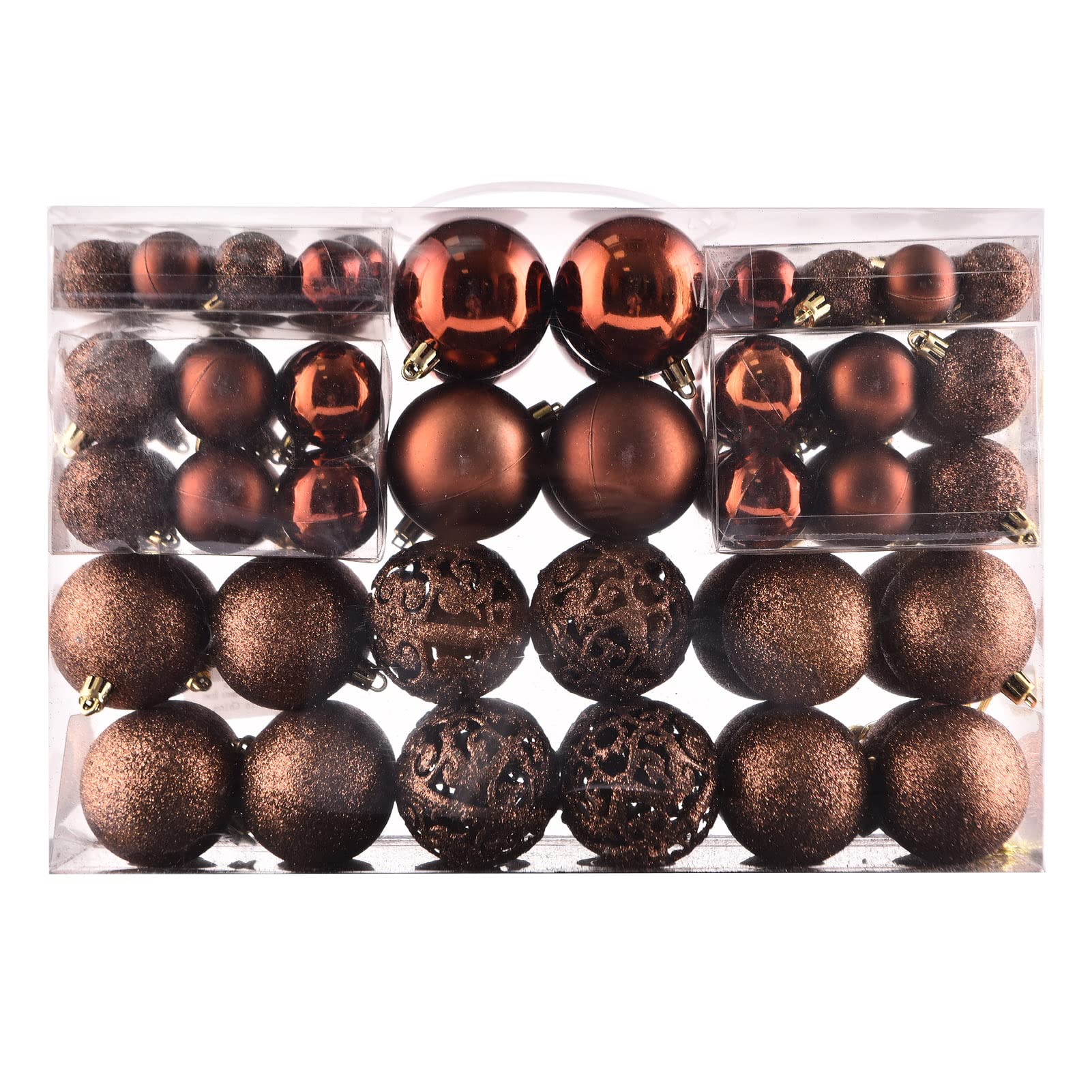 GOODLYGHTS front packaging showing reusable carry case and 100 brown ornaments for easy storage