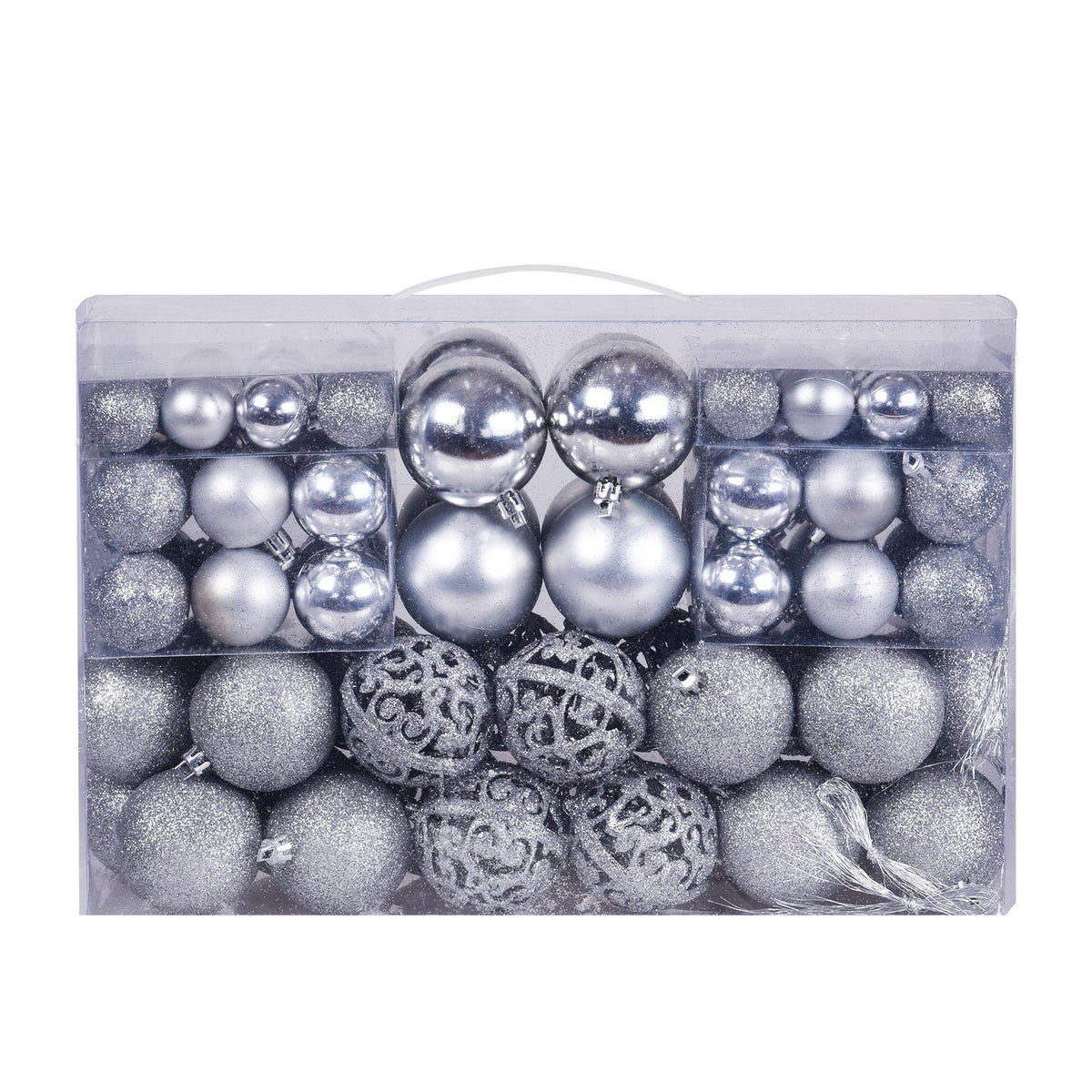 GOODLYGHTS front packaging showing 100 silver shatterproof ornaments and reusable box, easy transport