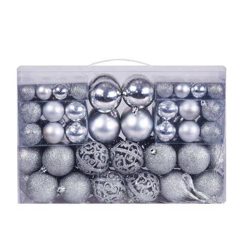 GOODLYGHTS front packaging showing 100 silver shatterproof ornaments and reusable box, easy transport