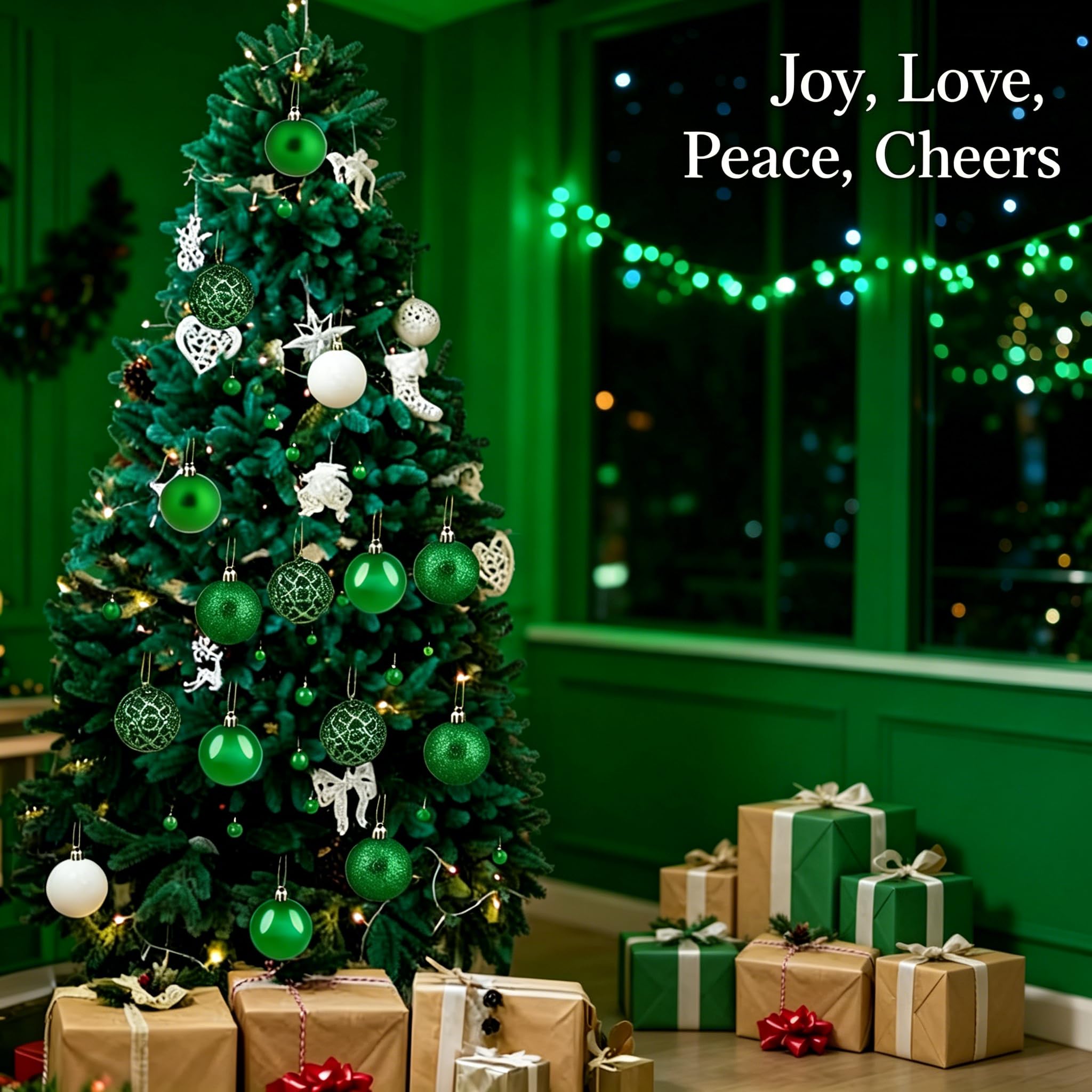 GOODLYGHTS lifestyle shot of living room tree using the green ornament set