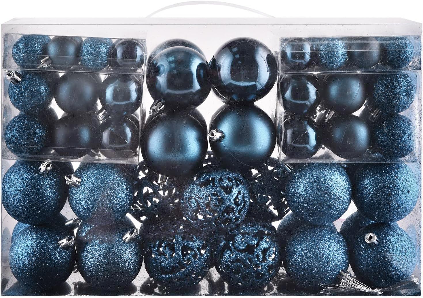 GOODLYGHTS front packaging showing 100 navy blue ornaments and easy storage benefit