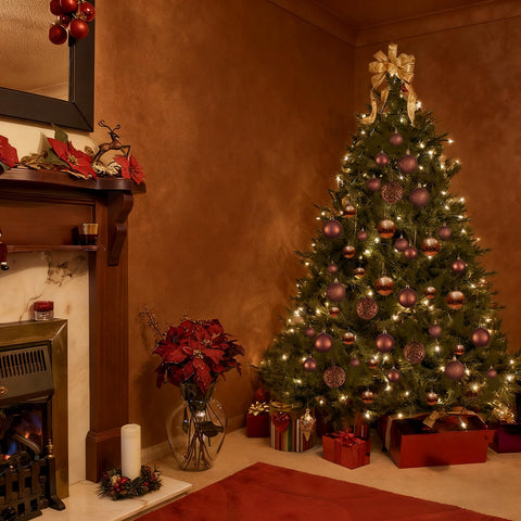 GOODLYGHTS brown ornaments hung on tree with warm lights offering cozy festive ambiance