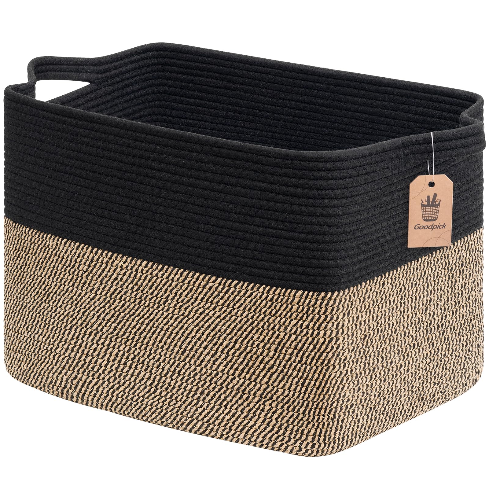 Goodpick front view black jute basket shows roomy 50L capacity and neat styling