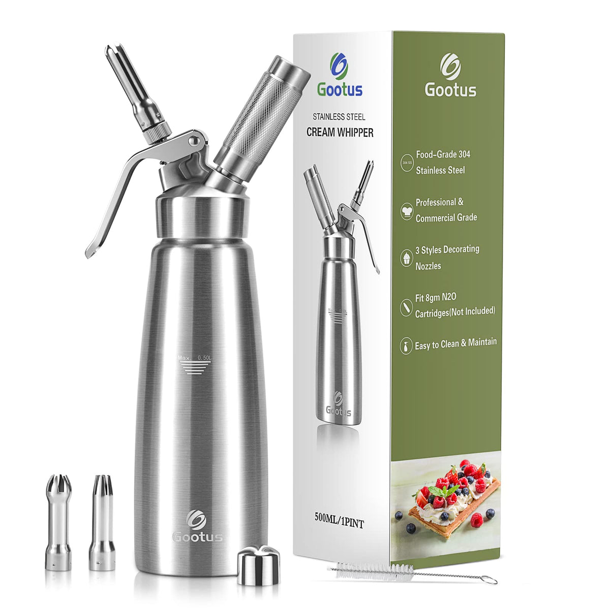 Gootus stainless steel canister front view showing sturdy build and easy handling