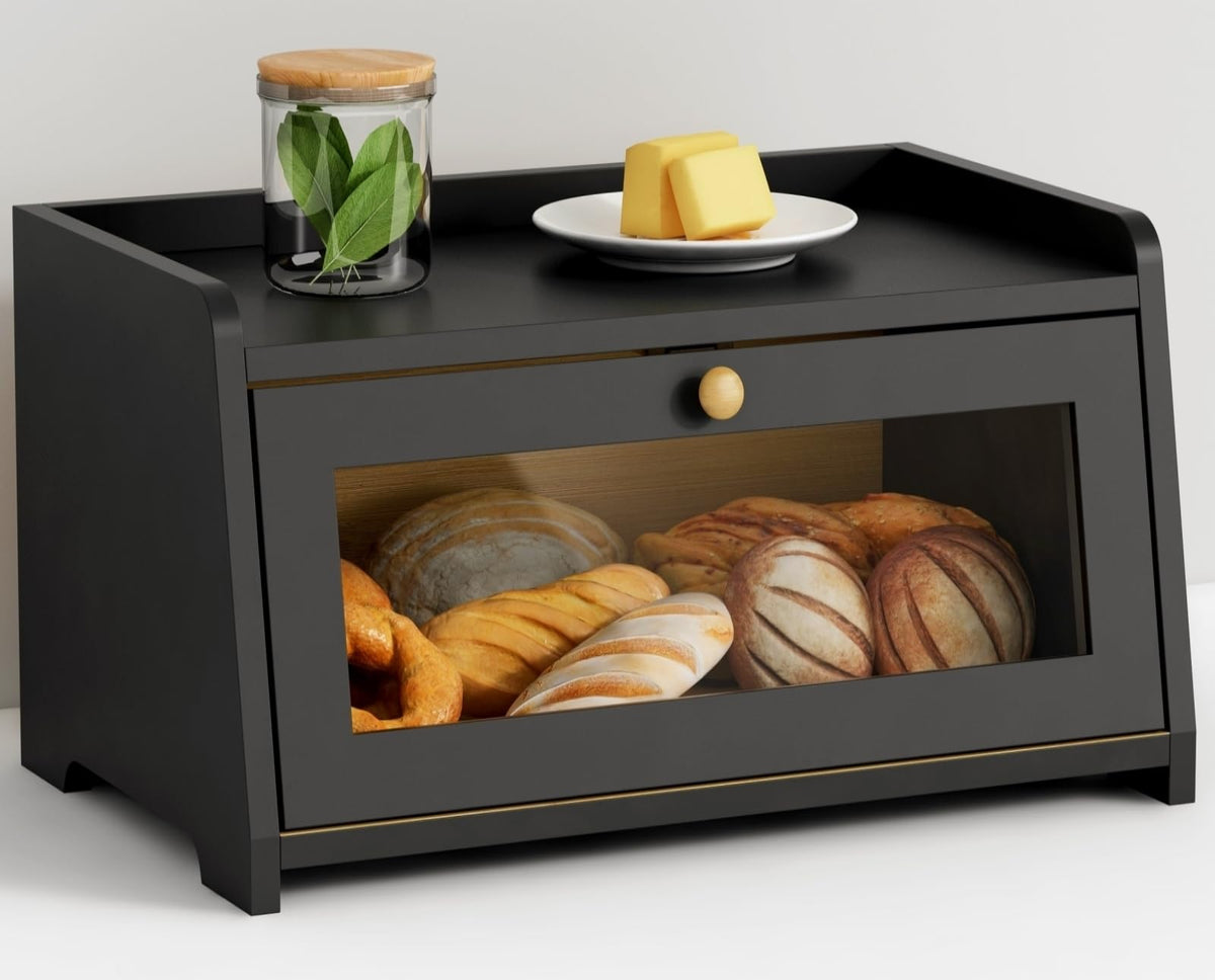 Goozii front view bread box showcasing sleek black bamboo and organized storage benefit