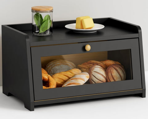 Goozii front view bread box showcasing sleek black bamboo and organized storage benefit
