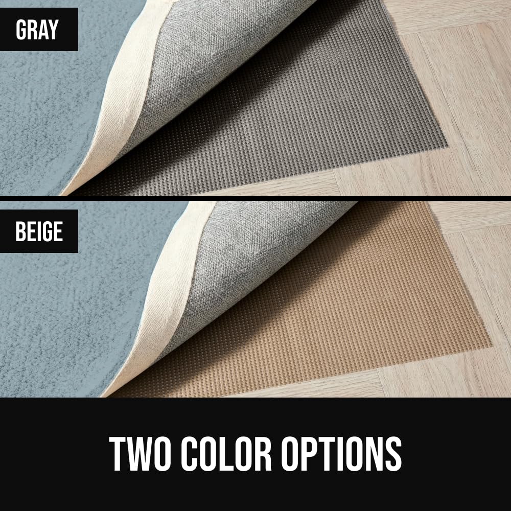GORILLA GRIP near rug corner preventing curl, maintains neat edges