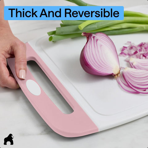 GORILLA GRIP board with vegetables being chopped demonstrating stable, comfortable cutting