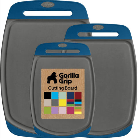 GORILLA GRIP front view of three blue gray boards showing sizes and durable design benefit
