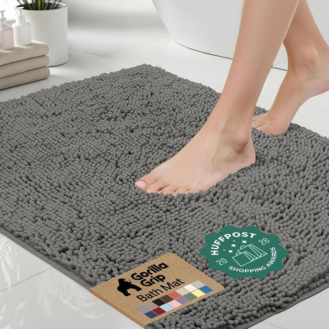 GORILLA GRIP front view of charcoal bath rug showing plush pile and compact size benefits