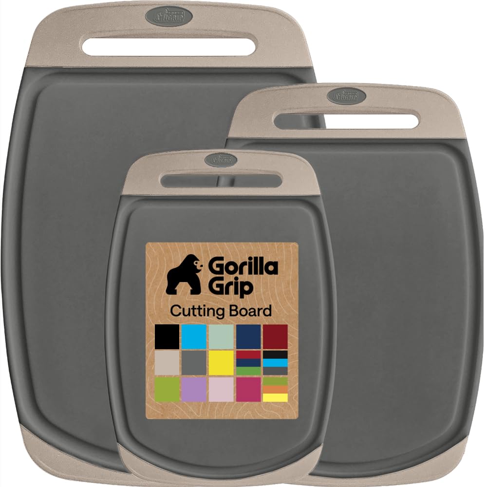 GORILLA GRIP front packaging showing gray almond cutting board set and features