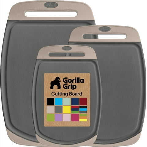 GORILLA GRIP front packaging showing gray almond cutting board set and features