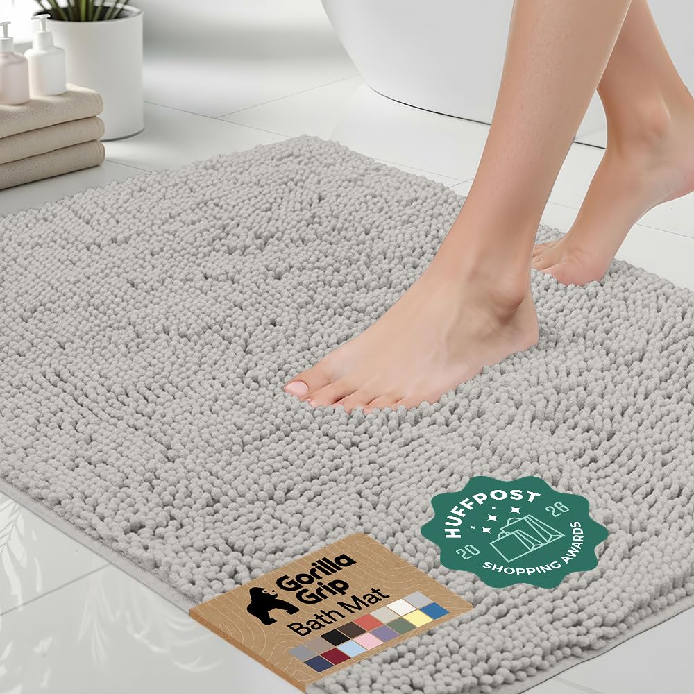 GORILLA GRIP front view of light gray bath rug showing plush look and neutral color