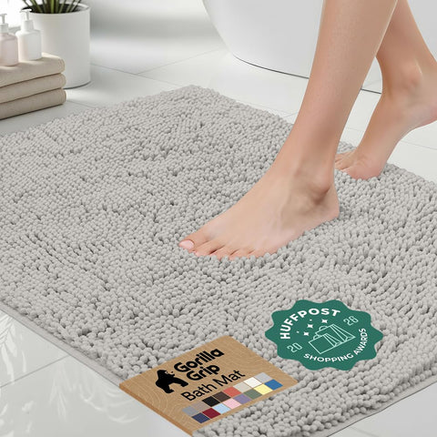 GORILLA GRIP front view of light gray bath rug showing plush look and neutral color