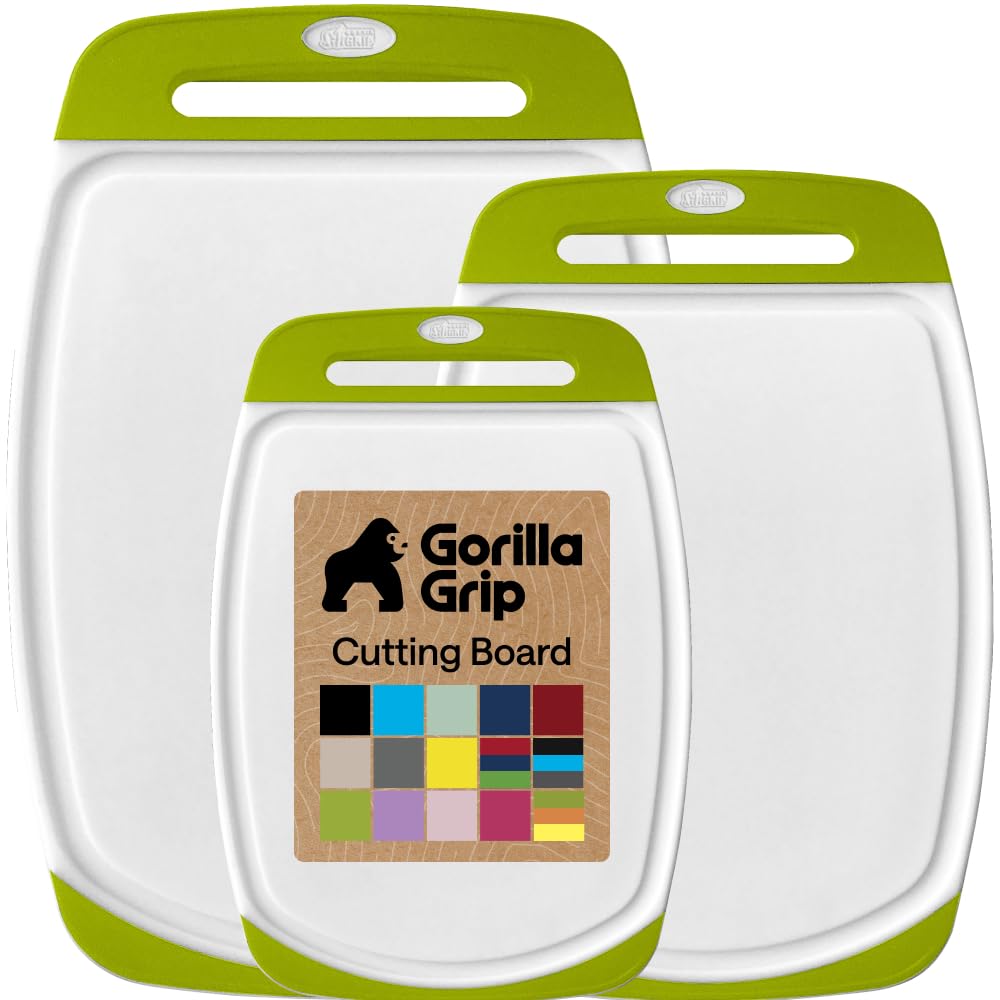 GORILLA GRIP front view of lime green cutting boards showing set and branding for easy identification