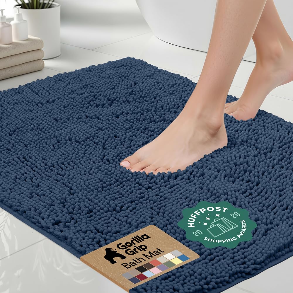 GORILLA GRIP front view of navy bath rug showing color and size benefit
