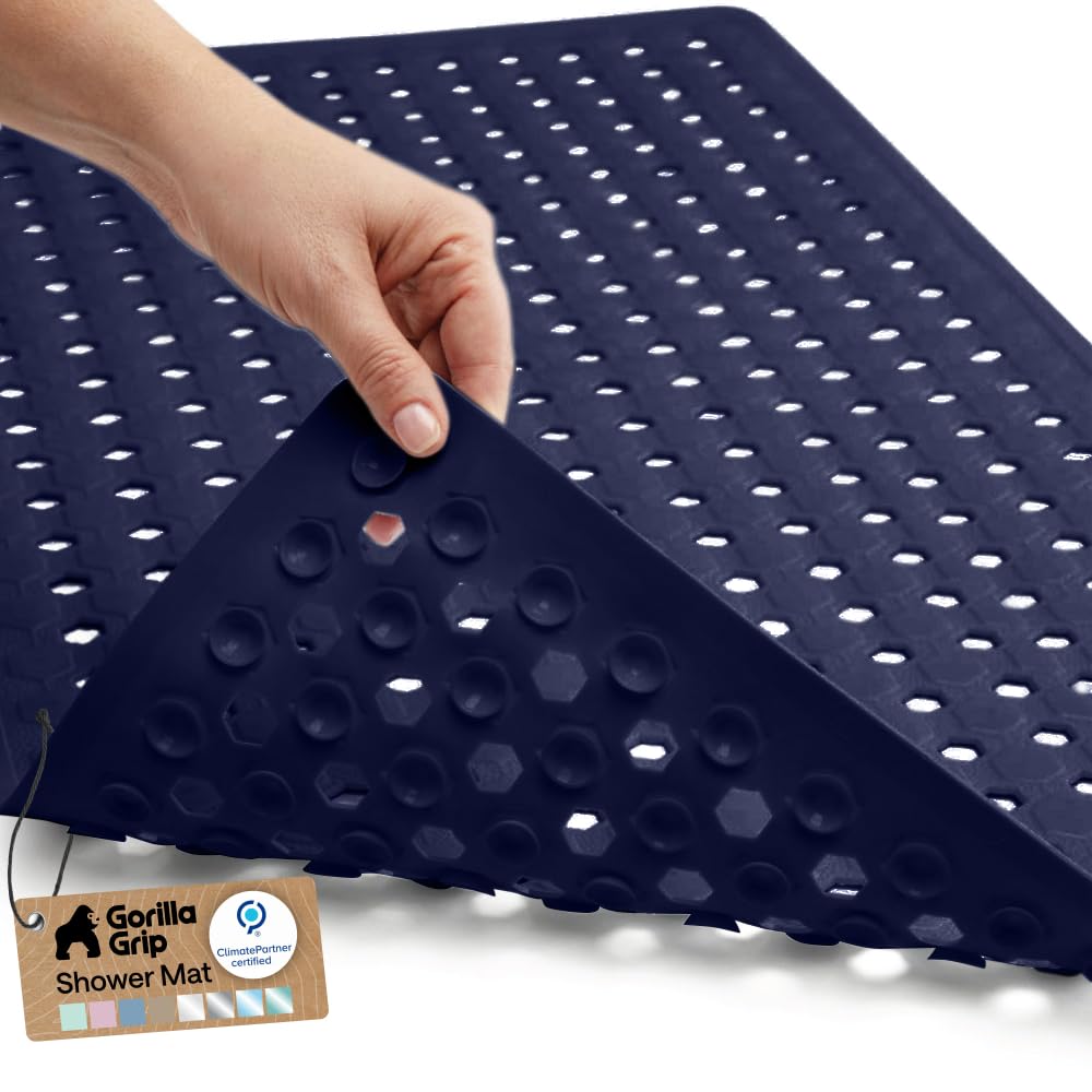 GORILLA GRIP front view of navy bath mat showing full coverage and secure hold