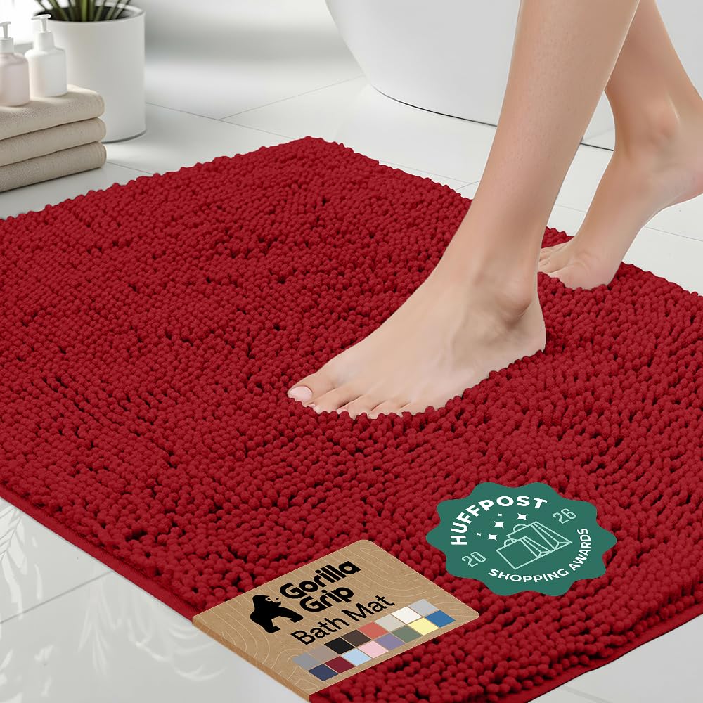 GORILLA GRIP front view of red bath rug showing plush pile and bold color for comfort