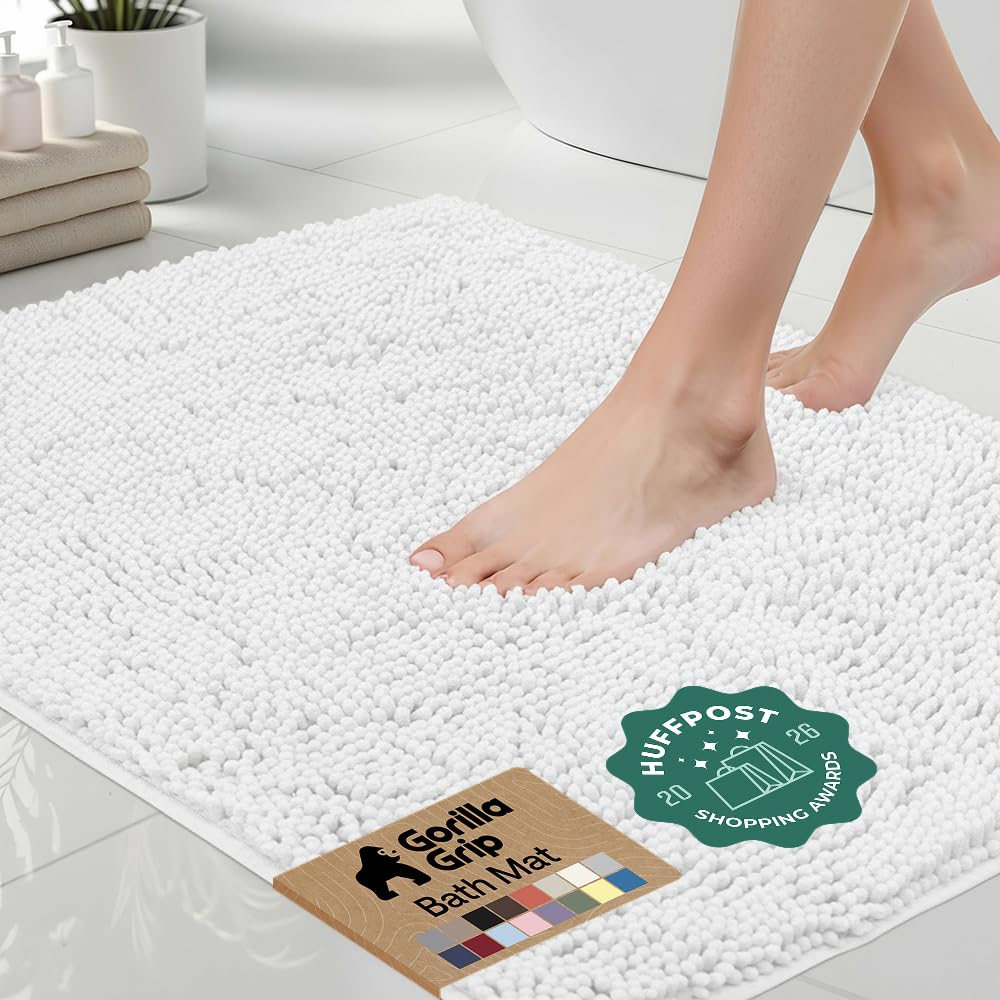 GORILLA GRIP front view showing white bath rug and soft look for comfort