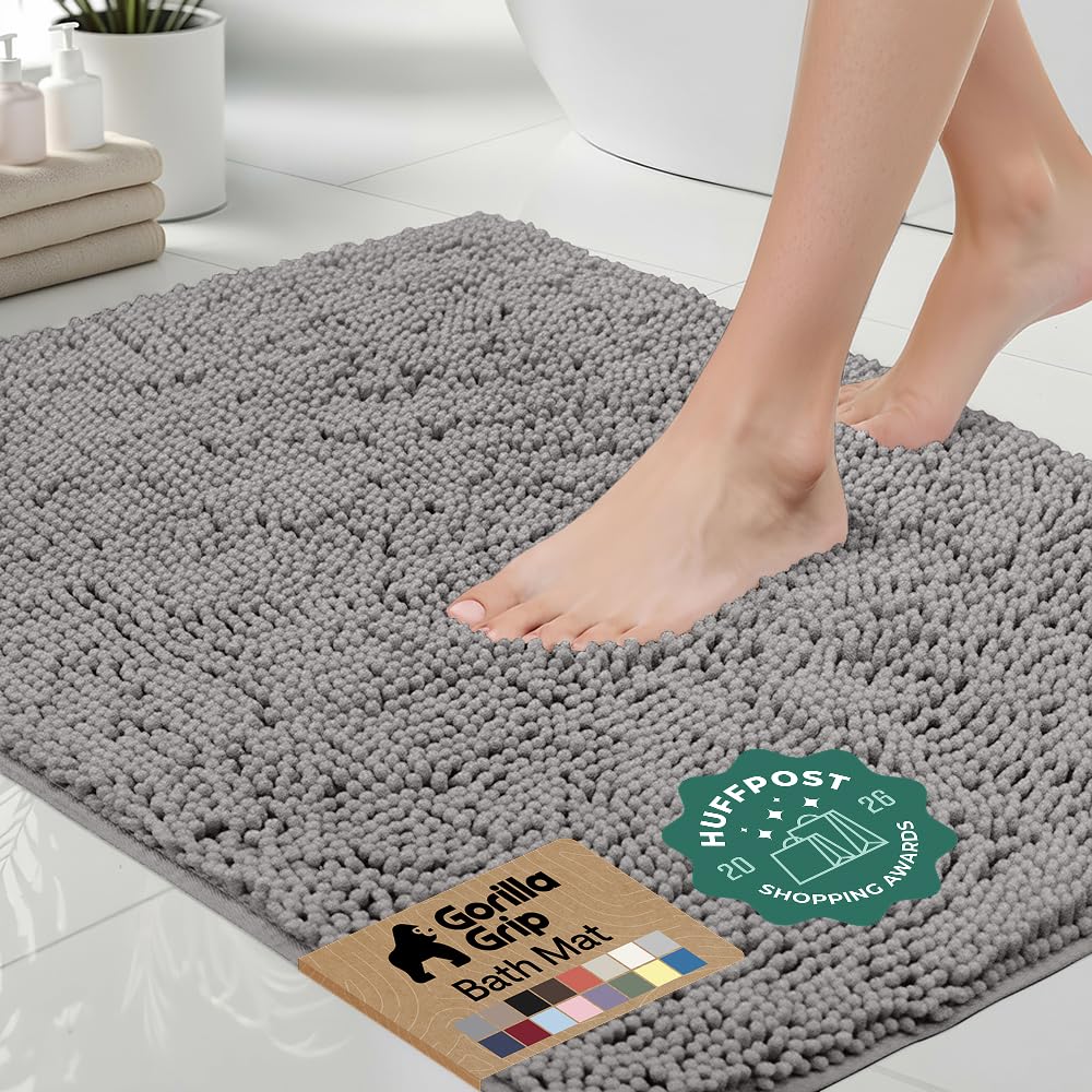 GORILLA GRIP front view gray bath rug showing plush comfort and neat edges