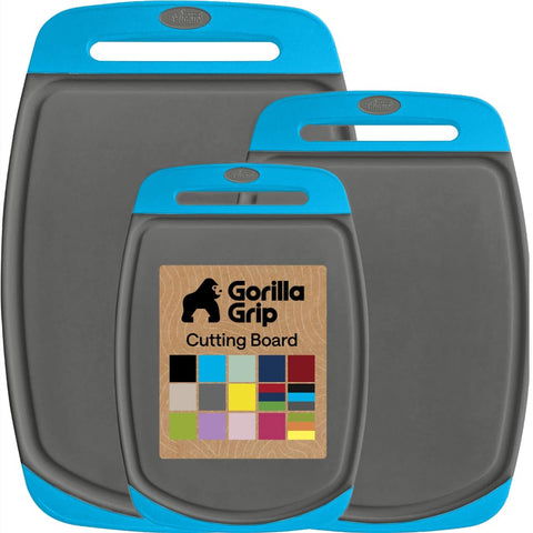 GORILLA GRIP front view of three gray aqua cutting boards showing sizes and finish