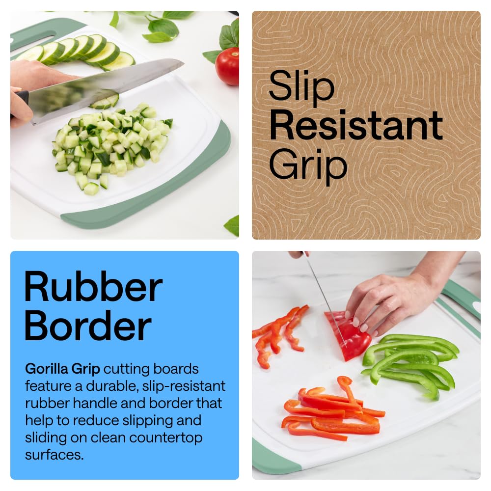 GORILLA GRIP molded handle and rubber edge, non-slip benefit shown