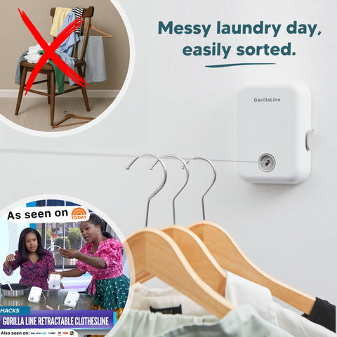 GorillaLine installed in bathroom with towels hanging to save energy and space
