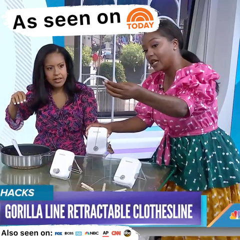 GorillaLine with towels and sheets hanging to demonstrate multi-item drying benefit