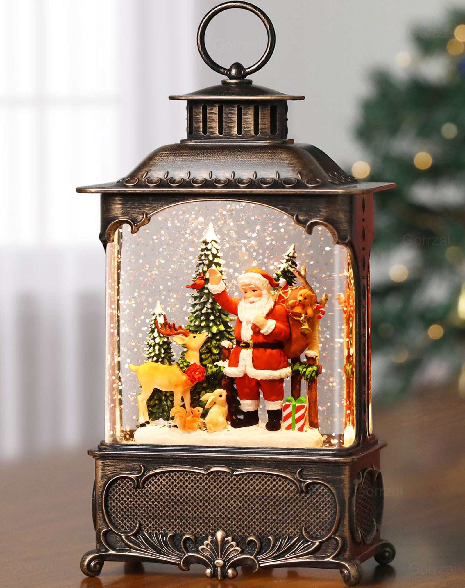 Gorrzai front view of lit Santa snow globe showcasing festive scene and glow