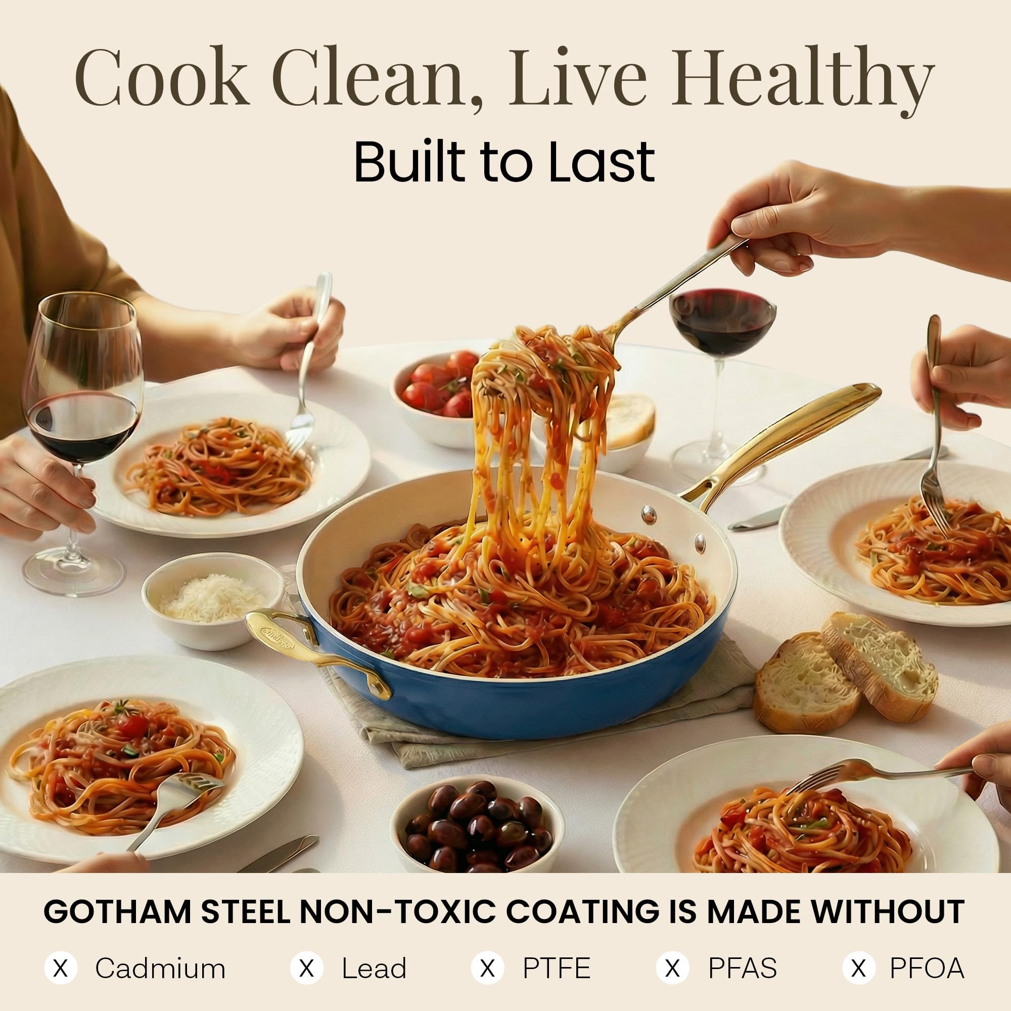 GOTHAM STEEL being wiped clean and placed in dishwasher for easy cleanup benefit