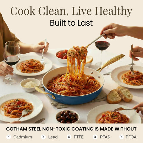 GOTHAM STEEL being wiped clean and placed in dishwasher for easy cleanup benefit