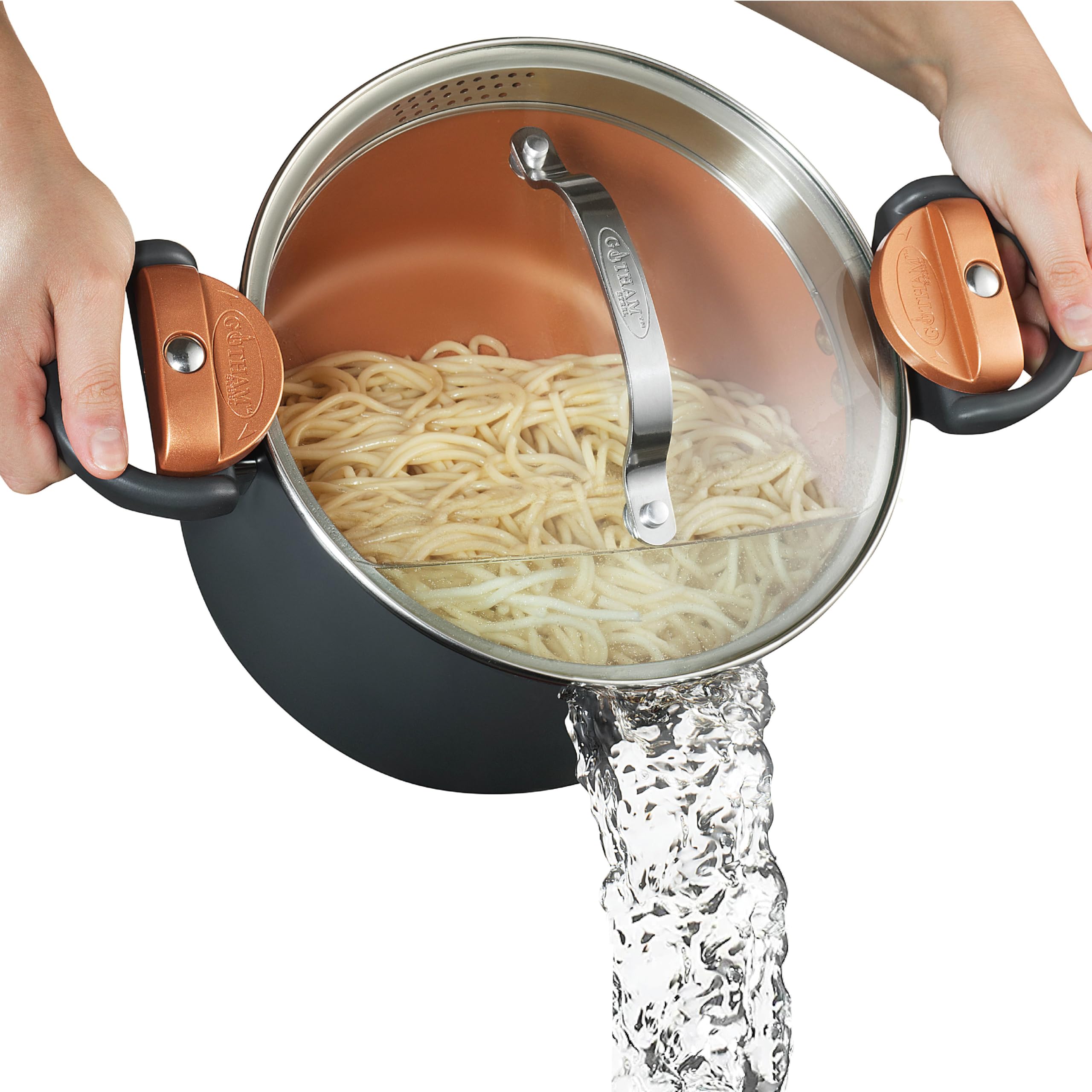 GOTHAM STEEL front view of 5 quart stock pot showing lid and handles for easier serving